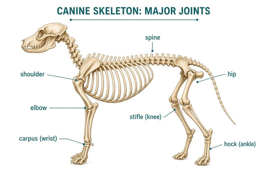 Dog skeleton labeled: shoulder, elbow, carpus, spine, hip, stifle, hock