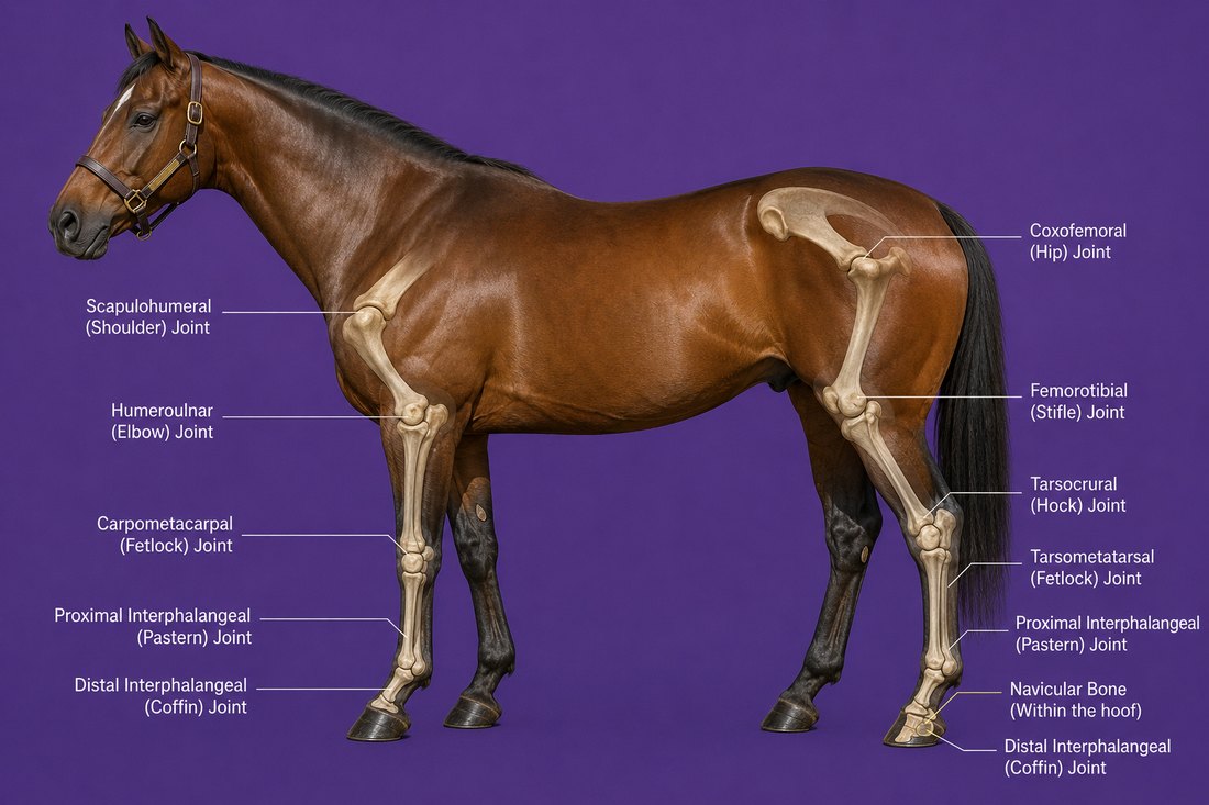 Horse joints labeled including navicular bone, coffin, pastern, fetlock, hock, stifle, hip, shoulder