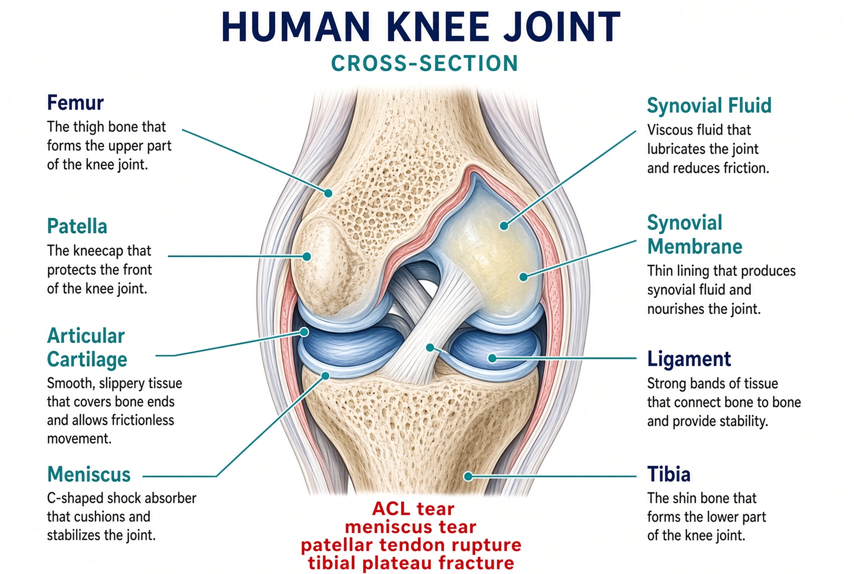 Labeled knee joint cutaway: femur, patella, articular cartilage, meniscus, synovial fluid, synovial membrane, ligament, tibia. Common surgical injuries in red: ACL tear, meniscus tear, patellar tendon rupture, tibial plateau fracture