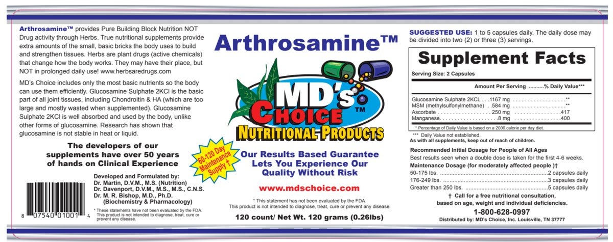 Official Arthrosamine 120 count capsule label, MD's Choice